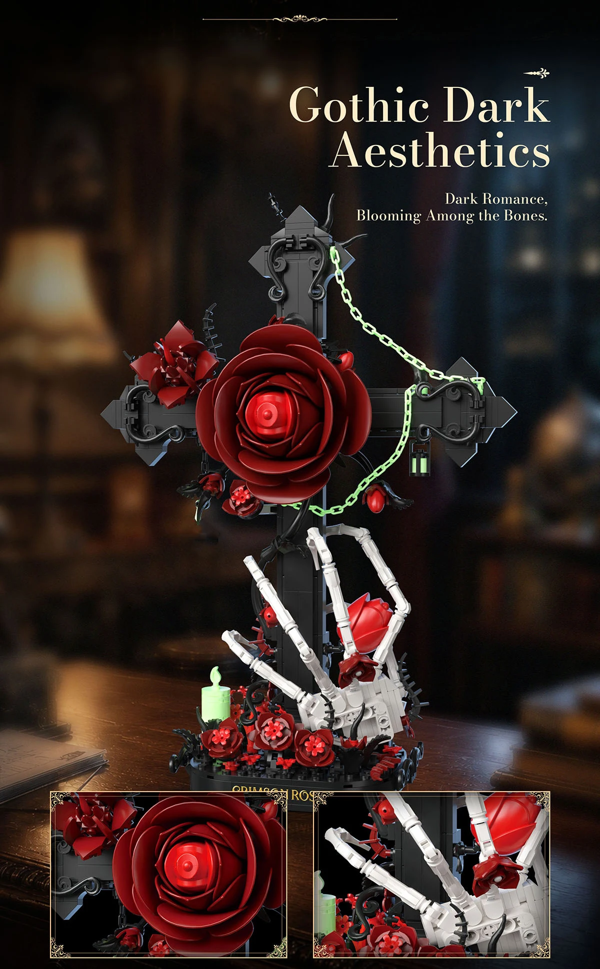 Idea Leuchtender Baustein Kreuz-Totenkopf Rote Rose Spielzeug Blume Skeletthand Konstruktions-Baustein-Modell Sammlerstück Schreibtischdekoration – Detail 5