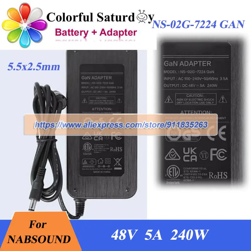 

Original NS-02G-7224 GAN Adapter For NABSOUND 48V 5A 240W AC Adapter for Audio with 5.5x2.5mm Laptop Charger