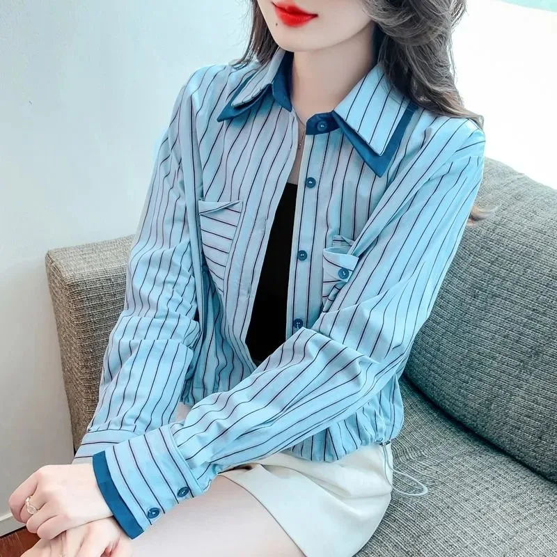 

Осенняя женская полосатая рубашка с длинными рукавами, французский свободный кардиган, короткое пальто, топы, блузки YY22