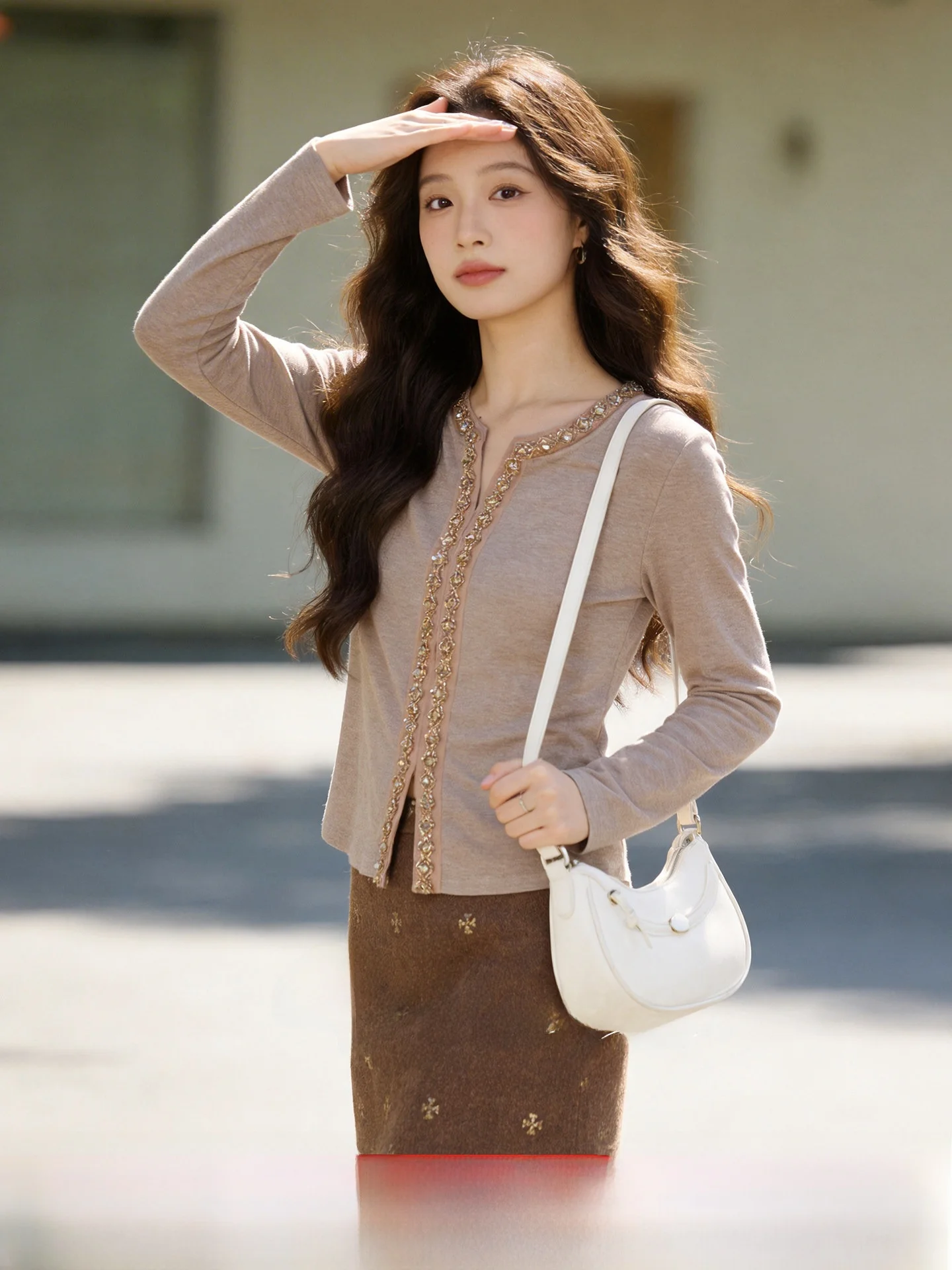 

plus Size Women's Fashion Set Spring 2026 Slim Fit V-Neck Long Sleeve Top Skirt Comfortable Cotton Polyester Spandex Blend