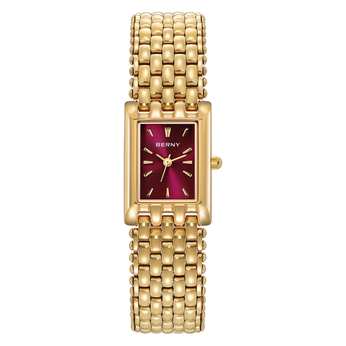 BERNY Gold Watch for Women Burgundy Red Fashion Casual Women Watches Stainless Steel Square Luxury Ladies Quartz Wristwatches