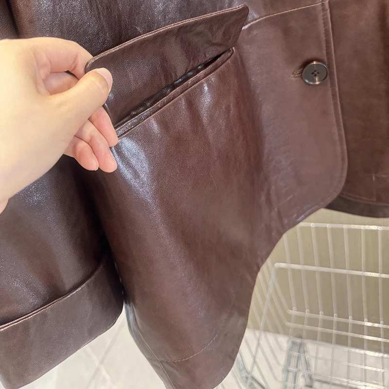 ヴィンテージオイルワックス加工ブレザー ジャケット 2026年春 高品質 レディース ミドル丈 シングルブレスト 本革 オーバーサイズ スーツコート