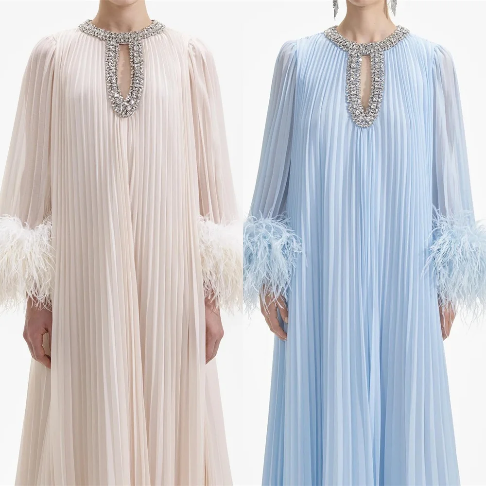 

Customized Simple Blue Chiffon Evening Dress Exquisite O-Neck Long Sleeves Homecoming Dresses Fashion Special Occasion Gowns