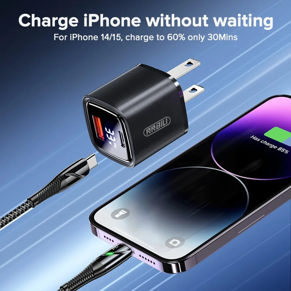 NNBILI GaN 33W 2-IN-1 USB Charger for Samsung LED Digital Display PD3.0 QC3.0 Fast Charging USBC Charger For HUAWEI Honor Xiaomi