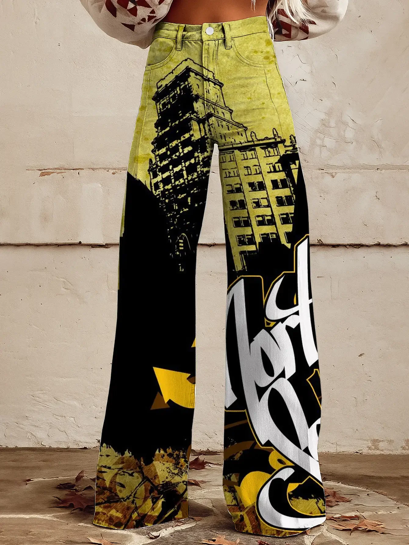 Women's printed geometric pattern wide leg imitation jeans, Extra long full-length waistband with built-in zipper