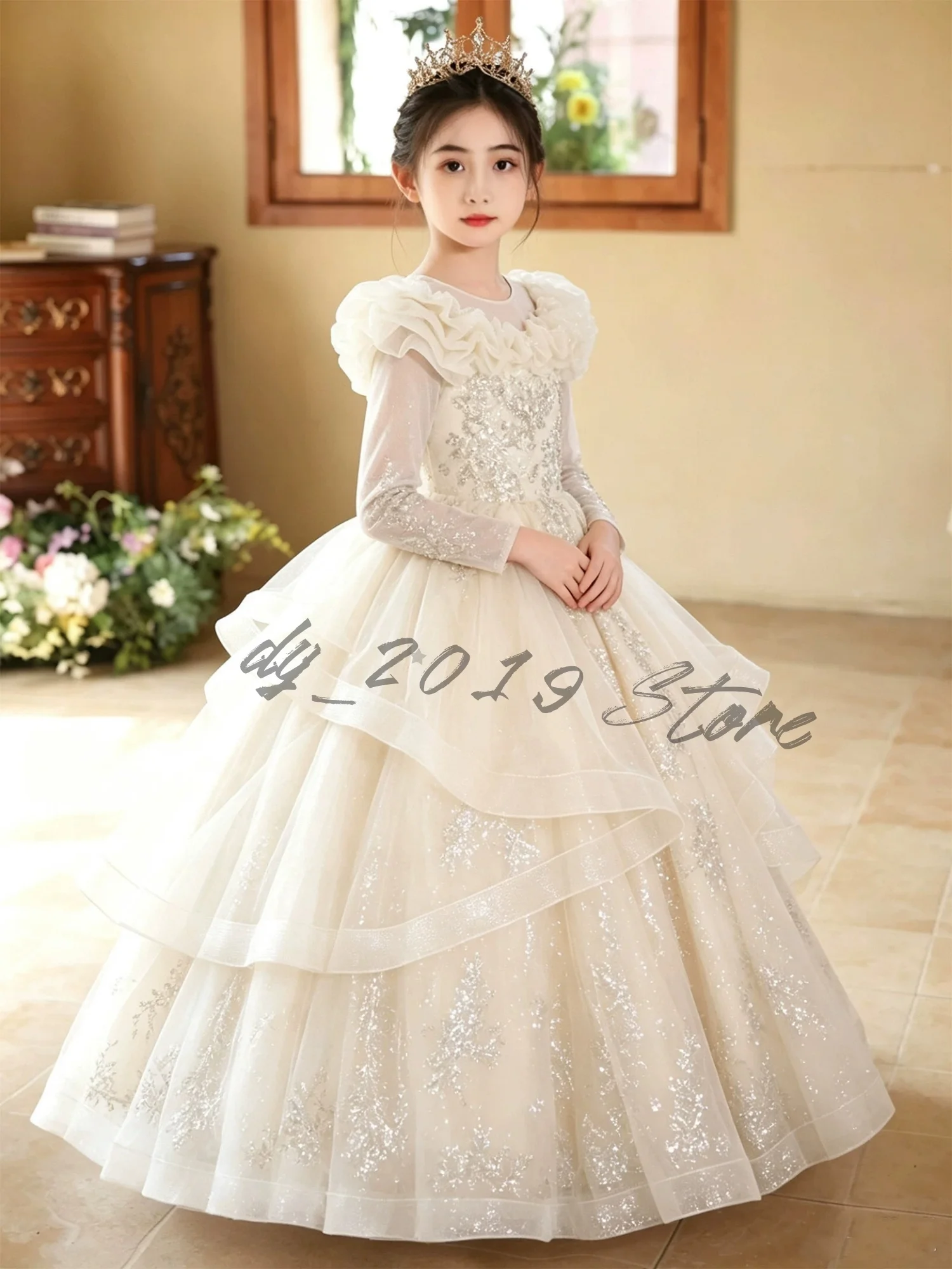 Champagne Ruffle Shoulder Flower Girl Dress Long Sleeve Sequin Embroidered Tiered Tulle Ball Princess Gown for Wedding & Pageant