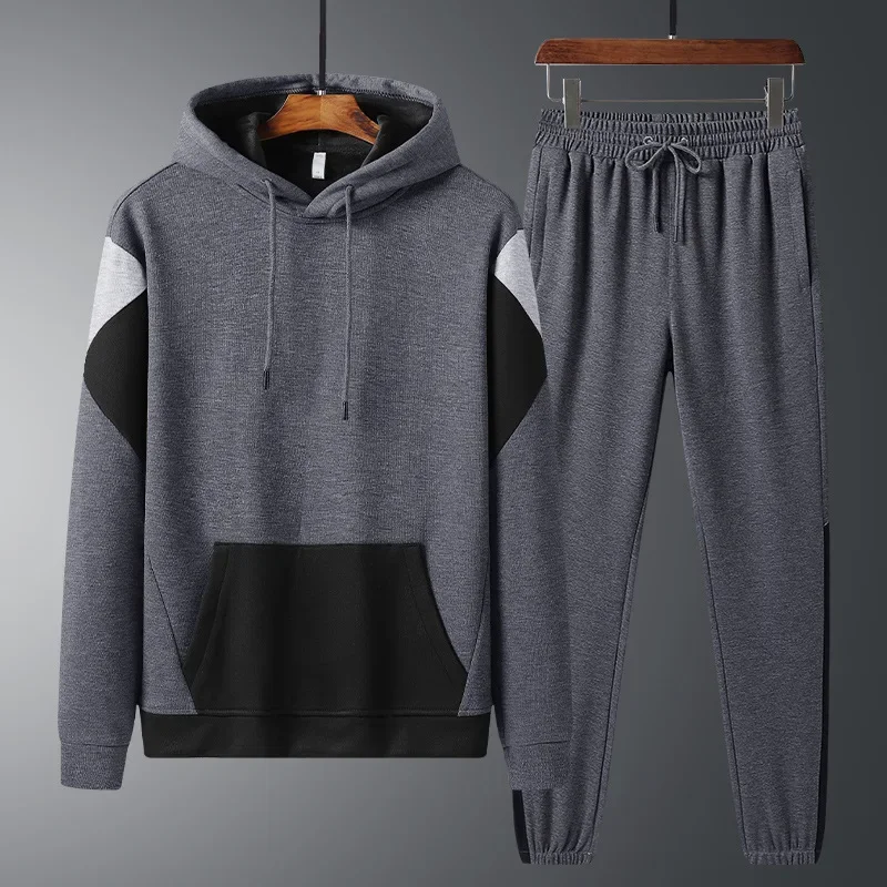 

2023 New Mens Tracksuit Autumn Winter Plus Fleece Patchwork Pocket Hoodies + Sweatpants Two Piece Sets Casual Men Sports Suit