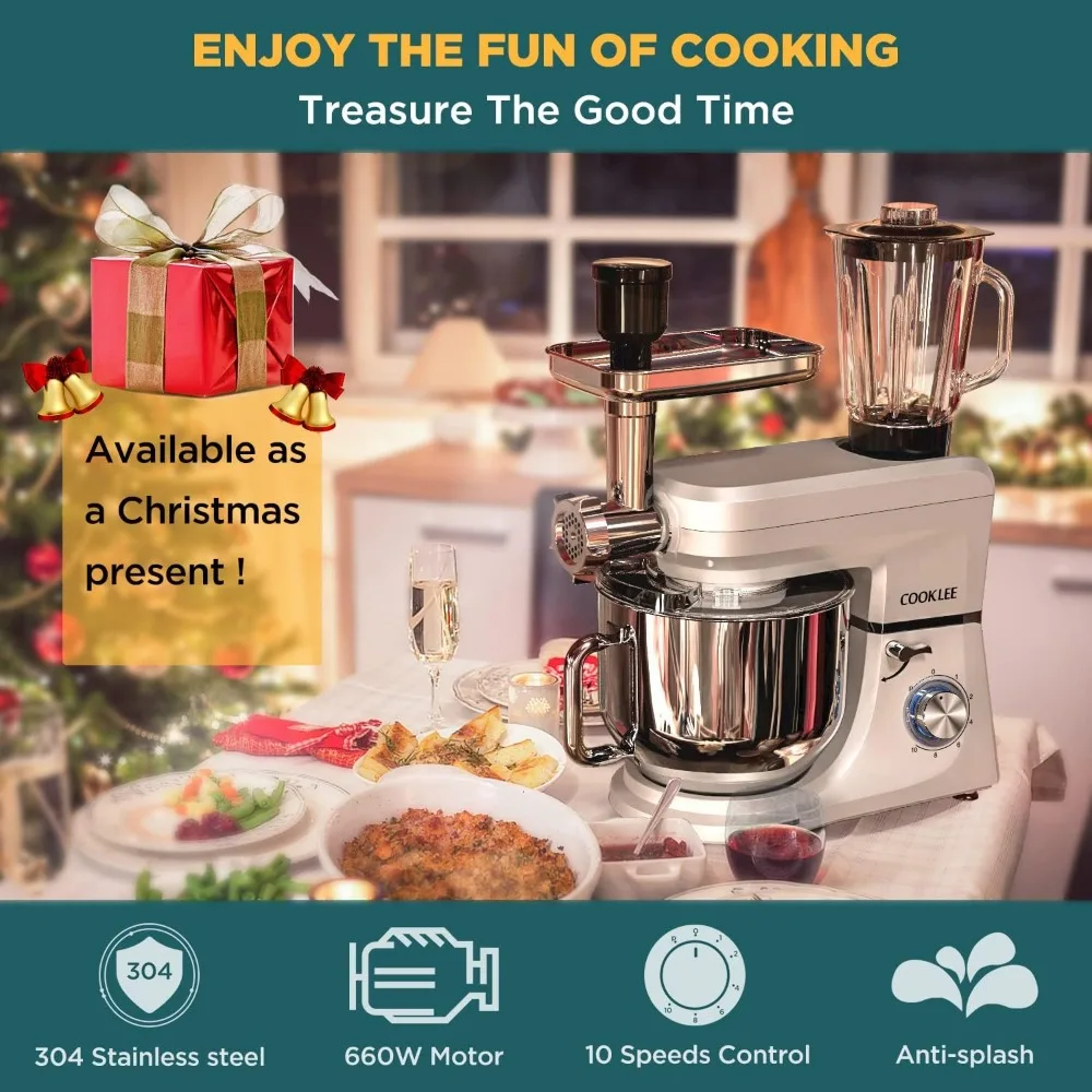 Mixer duduk 6-IN-1, 8.5 Qt. Mixer dapur elektrik multifungsi, pengaduk dapur dengan pengocok, pengocok, kait adonan, penggiling daging