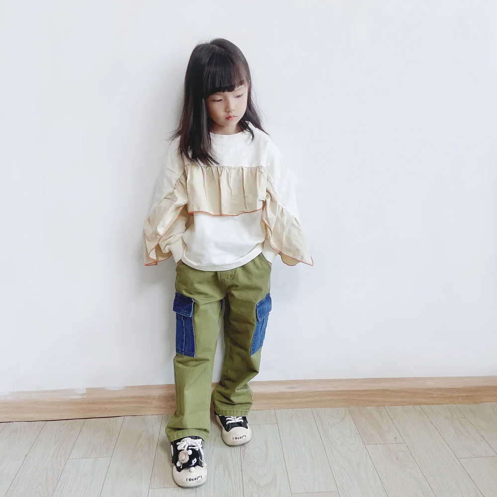 ANKRT autumn and winter parent-child clothing, children's stylish color blocked denim pants, baby casual sports workwear style