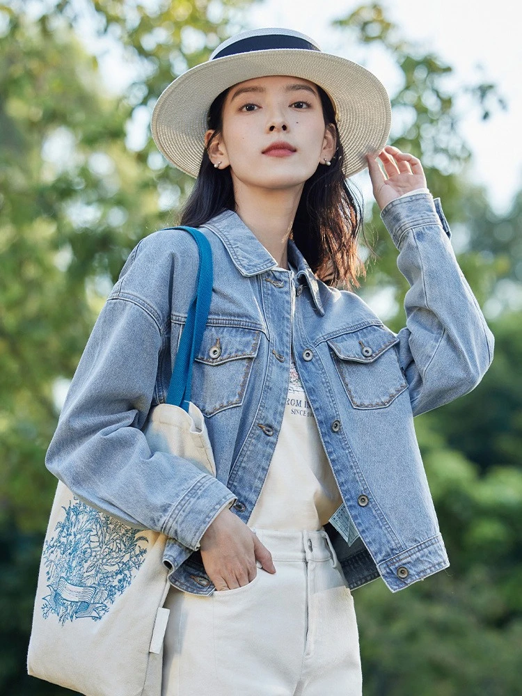 

2023 весенне-осенняя женская винтажная джинсовая куртка с коротким воротником, повседневная минималистичная уникальная конструкция, универсальный студенческий стиль для похудения