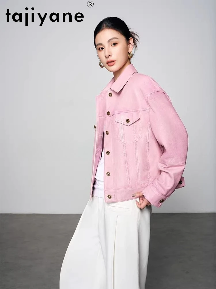 TAJIYANE Echte Schaffell Leder Jacke Frau Kurze Rosa Retro Mantel Echtes Leder Jacken 2025, Herbst Frauen Kleidung Ettка