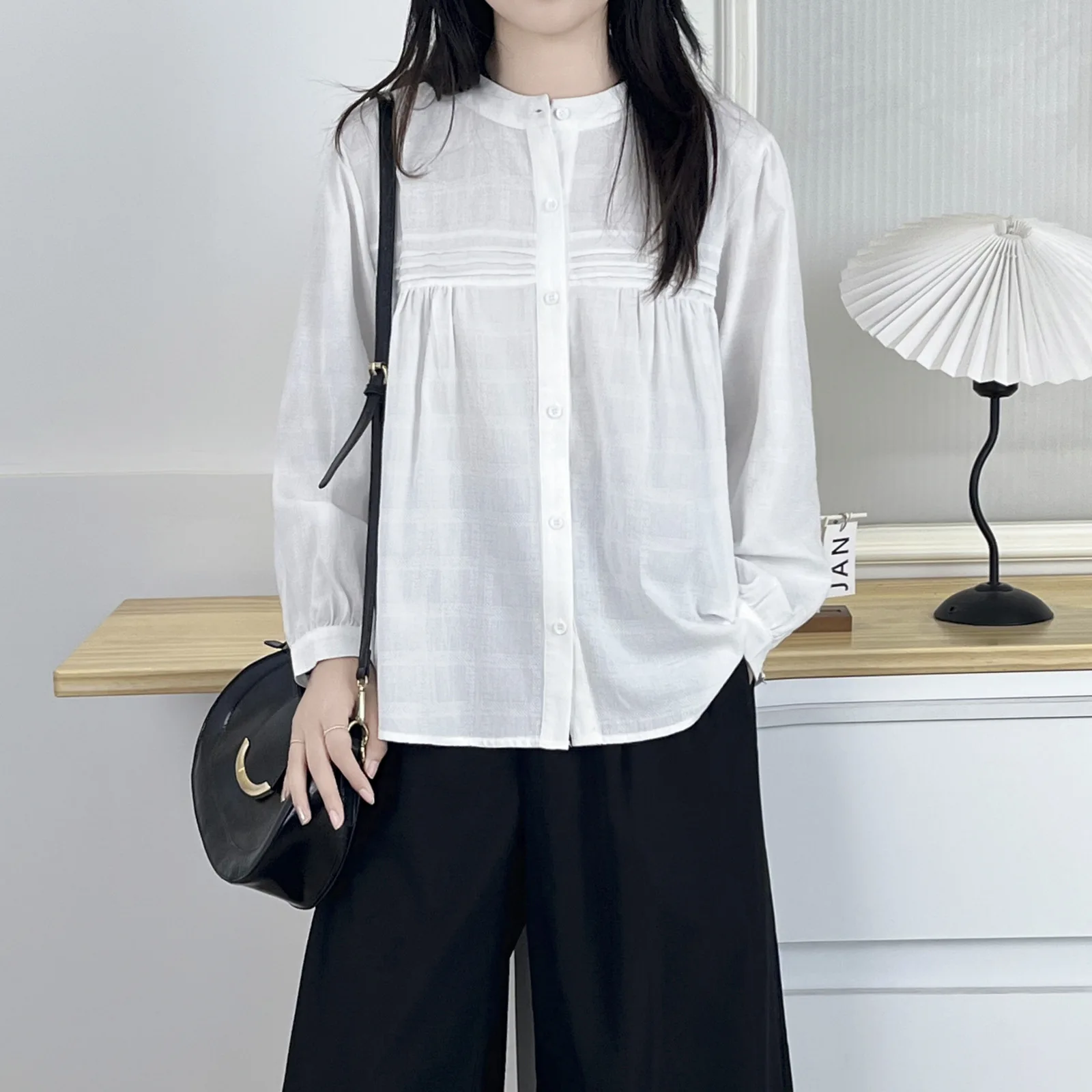 Moda plus size blusas femininas outono simples dobra jacquard algodão camisa de manga longa casual o-pescoço topos 6186