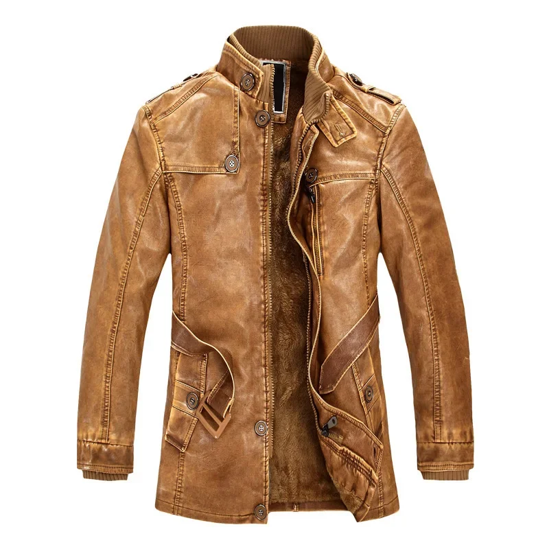 MotorcycleJacket Men\'s Zipper Slim Fit PU Leather Jacket WinterThickened LongJacket GenuineLeather Jacket Plush Adjustable Waist