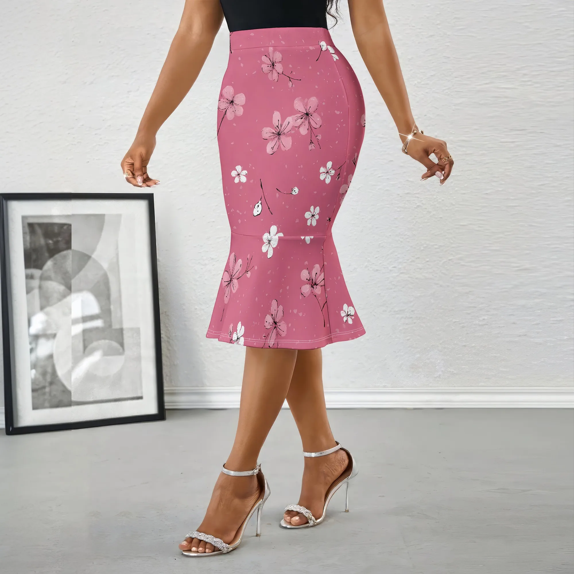 Floral Print, Pink Skirt, High Waist Midi, Mermaid Hem, Elegant Party Wear, Office Lady, S-2XL