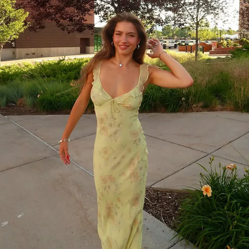 Retro V Neck Dress Yellow Sleeveless Flower Print Maxi Long Dress Ruffle High Waist Slim Dresses Elegant Holiday Party Vestidos