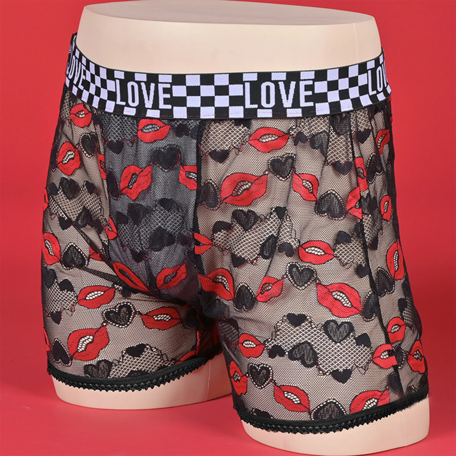 رجل مثير انظر من خلال الملابس الداخلية الشفاه نمط الأزهار تفريغ الدانتيل سراويل بوكسر حزام مطاط الانتفاخ الحقيبة سراويل داخلية