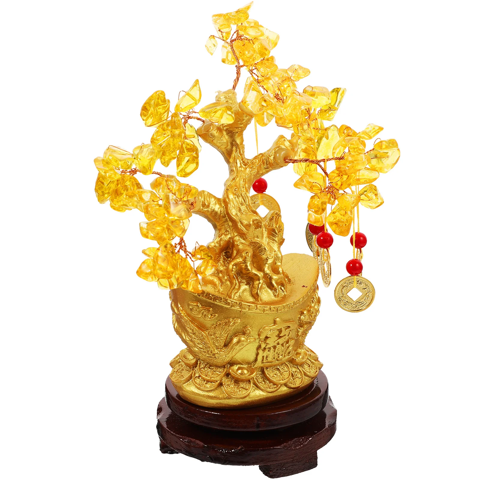 شجرة المال منضدية زخرفة الراتنج الخشب النحاس سيترين كريستال شجرة الحظ بونساي الديكور فنغ شوي محظوظ ديكور للصينية
