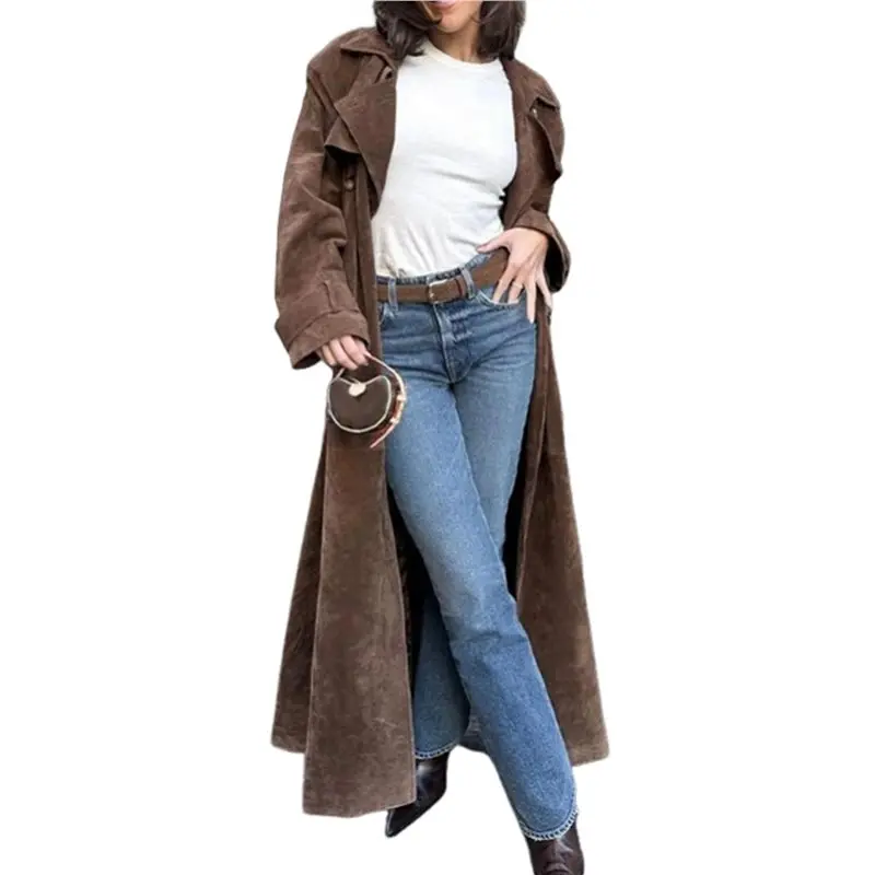 

A24F-Женский длинный плащ из искусственной замши с зубчатыми лацканами, двубортное пальто в горошек, пальто с поясом