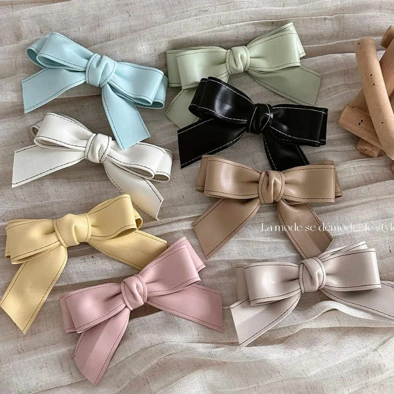 Pure Color Soft Leather Sweet Girl Bow Barrettes Hairpin Spring Clip Bang Clip Side Clip Hair Accessories New