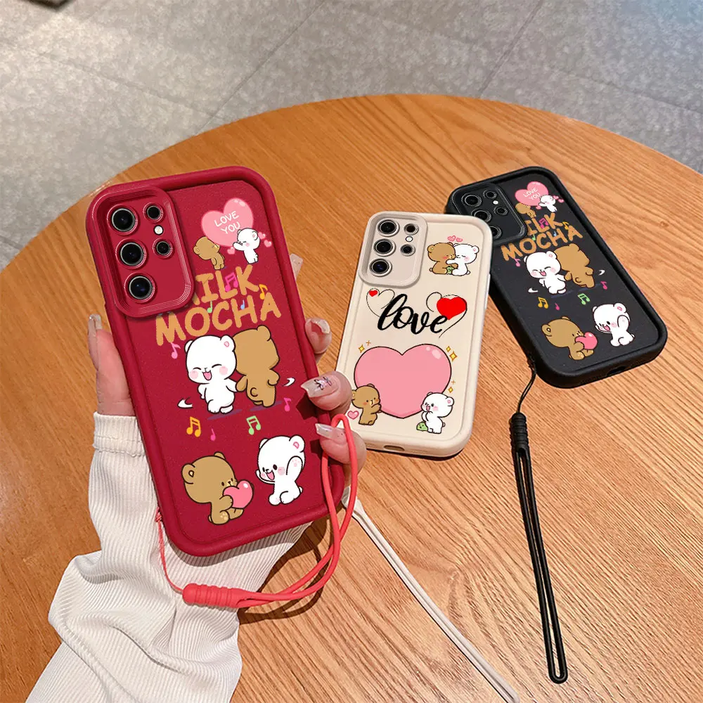 Cute Panda Dudu Bubu Phone Case for Samsung S24 S23 S22 S21 S20 FE Plus NOTE 20 Ultra 5G Soft Silicone TPU Cover with Hand Strap