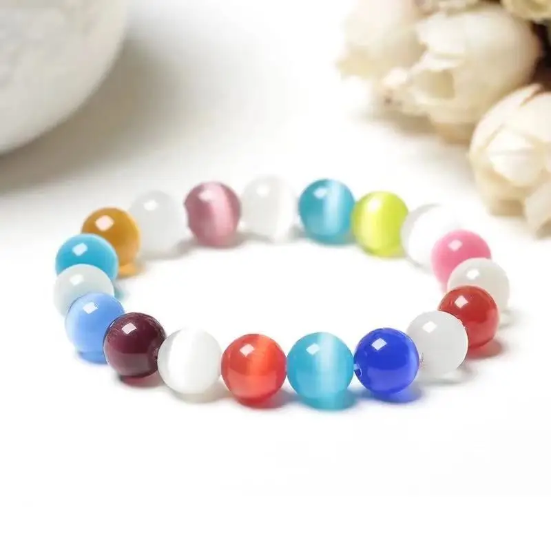 Fashion Colorful round Beads Cat Eye Bracelet Duobao Candy Color Single Circle Rainbow Bracelet Women's Jewelry Stall Jewelry