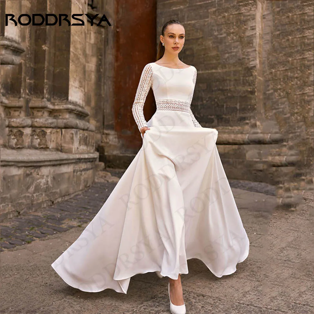 RODDRSYA gaun pengantin lengan panjang Bohemian gaun pengantin Satin elastis A Line gaun pengantin elegan punggung terbuka Sweep Vestido De Novia