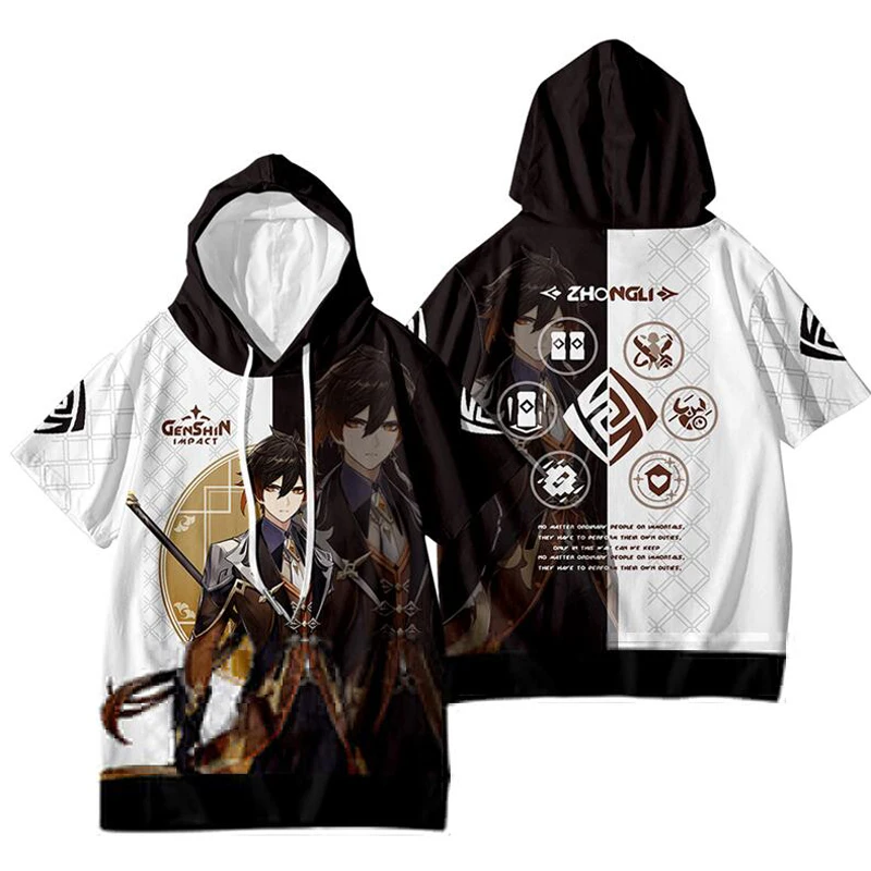 

Game Genshin Impact 3D Print Oversized T Shirt Zhongli Cosplay Summer Short Sleeve Hooded T-shirt Casual Loose Pullover Tops