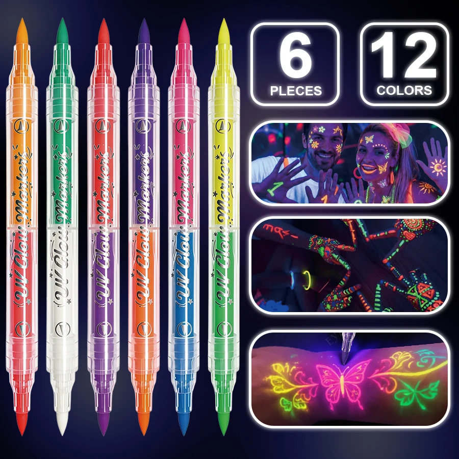 6PCS UV Paint Pens Dual Ended 12 Colors Fluorescent Body Face Paint Markers Glow Effect DIY Art Party Halloween Festival
