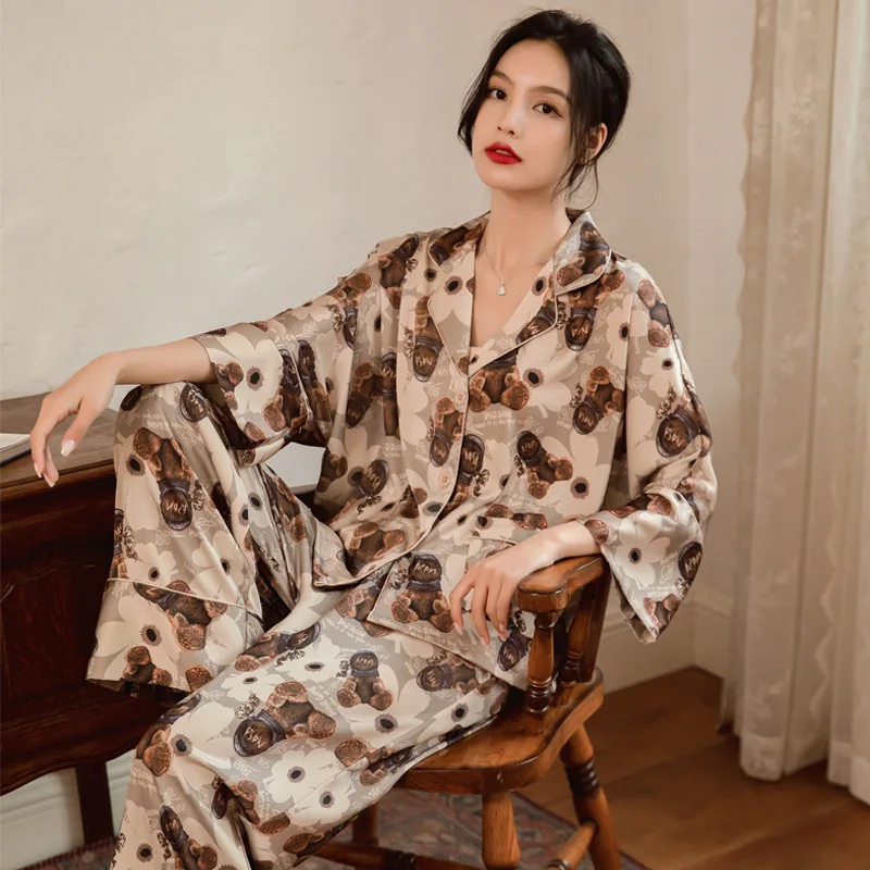 Spring And Autumn New Skating Ice Silk Thin Pajamas For Women Long Sleeve Ice Silk Set Ladies Ice Silk Home Wear Pyjamas Sets