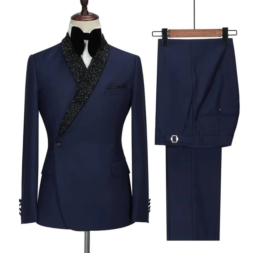 Navy Blue Men Suits Set 2 Piece Blazer+Pants Luxury Shiny Lapel Groom Wedding Tuxedo One Button Prom Coat Custom Made Jacket