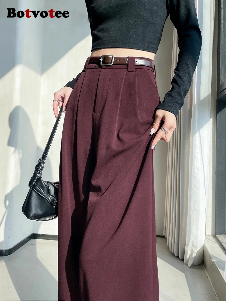 Botvotee Burgundy Garnitury Spodnie dla kobiet Biuro Lady Eleganckie spodnie z szeroką nogawką i wysokim stanem z kieszeniami Czarny Szary