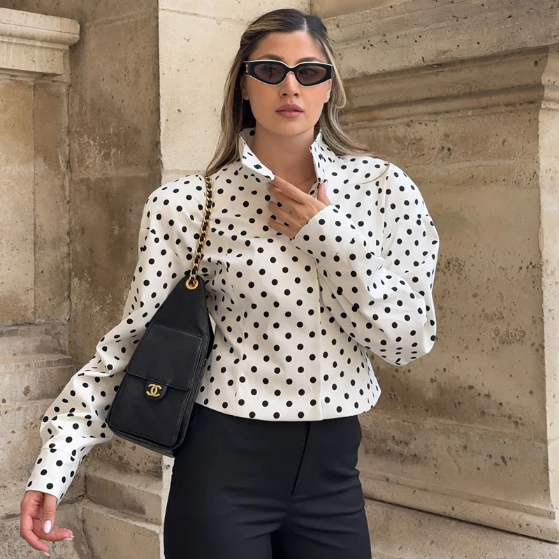 TARUXY Polka Dots Coat 2 Piece-Set Women's Fashion Commute Long Sleeve Cardigan Female Shorts High Waist Casual Outfits Autumn