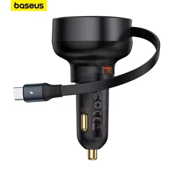 Baseus carregador de carro 55w pd qc cabo retrátil de carga rápida para iphone 12 13 14 pro max cabo usb tipo c para samsung s23 xiaomi