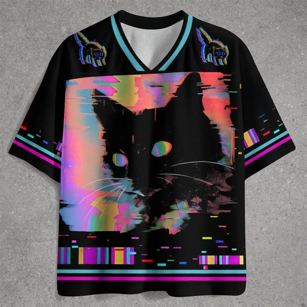 2026 Men Cyberpunk Glitch Black Cat Graphic Jersey, Neon Rainbow Distorted 3D Print V‑Neck Short Sleeve Top,Y2K Streetwear Tee