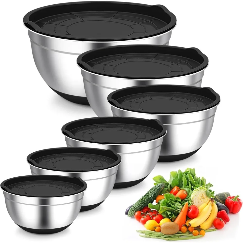 Silicone Bottom Thickened with Lid Cooking Basin Non Slip Salad Mixing Basin Stainless Steel Egg Beating Bowls Kitchen Tools