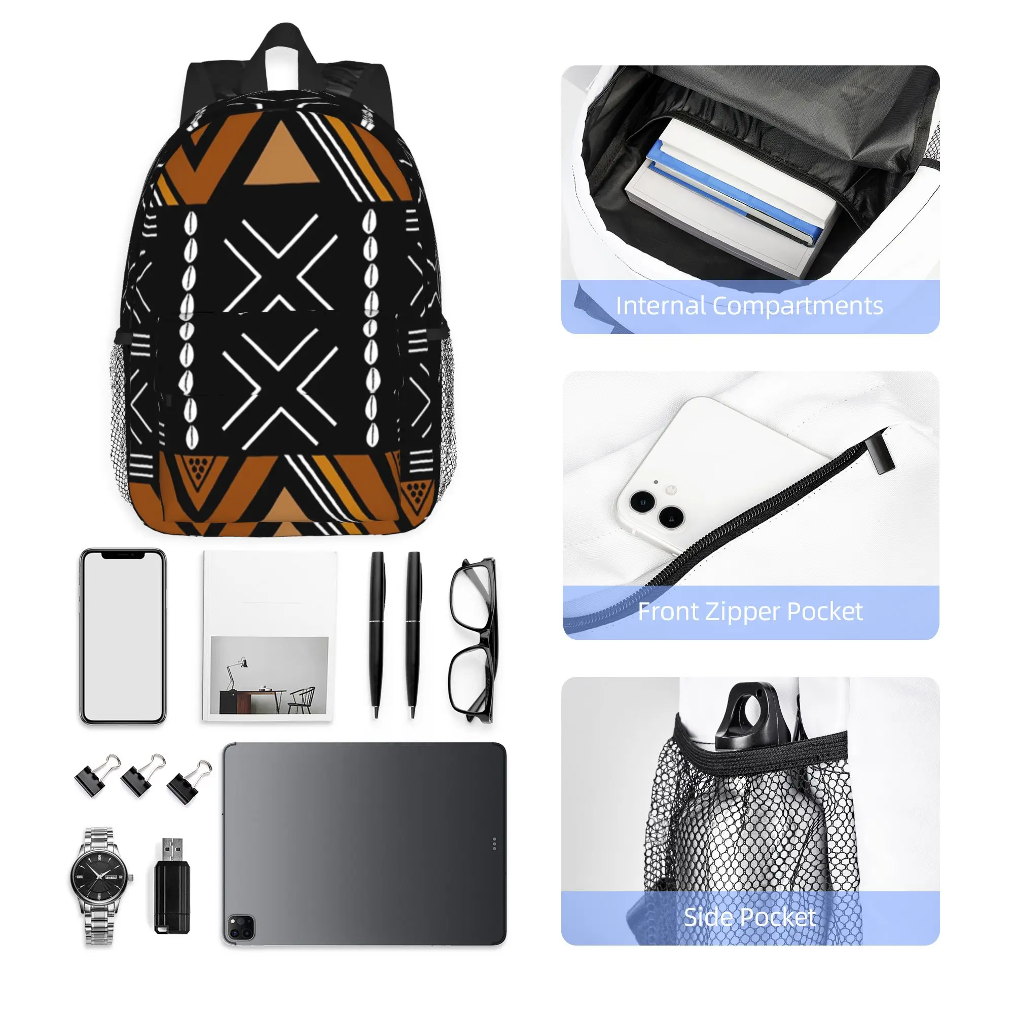 African Mud Cloth Bogolan Design Backpack Hot Sale Daypack Large Capacity Boy Girl BookBag Shoulder Bag for Men Women School Bag