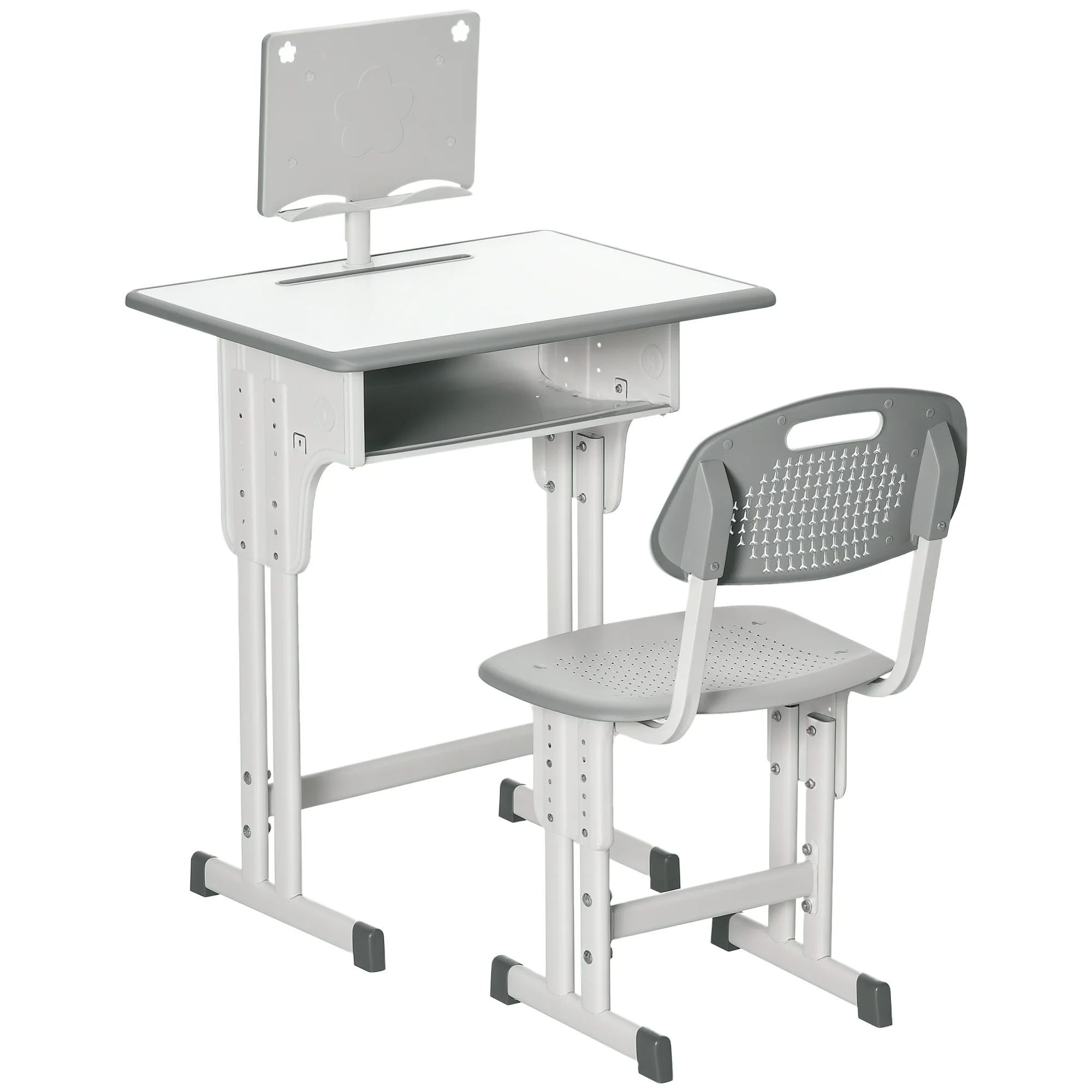 HOMCOM Juego de Escritorio y Silla Infantil de +6 Años Altura Ajustable con 1 Cajón y Estante para Libros 60x45x90-102 cm Gris