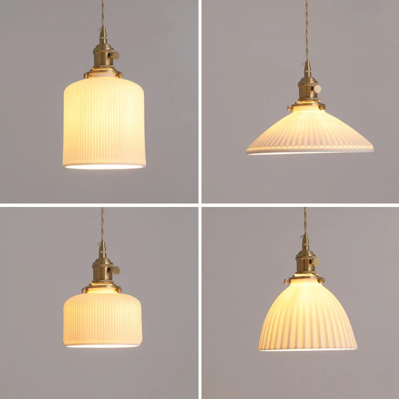 

Japanese Style Ceramic LED Pendant Lamp Retro Pleated Restaurant Home Decor LED Pendant Lights Dining Room Bedroom Bedside Lamp
