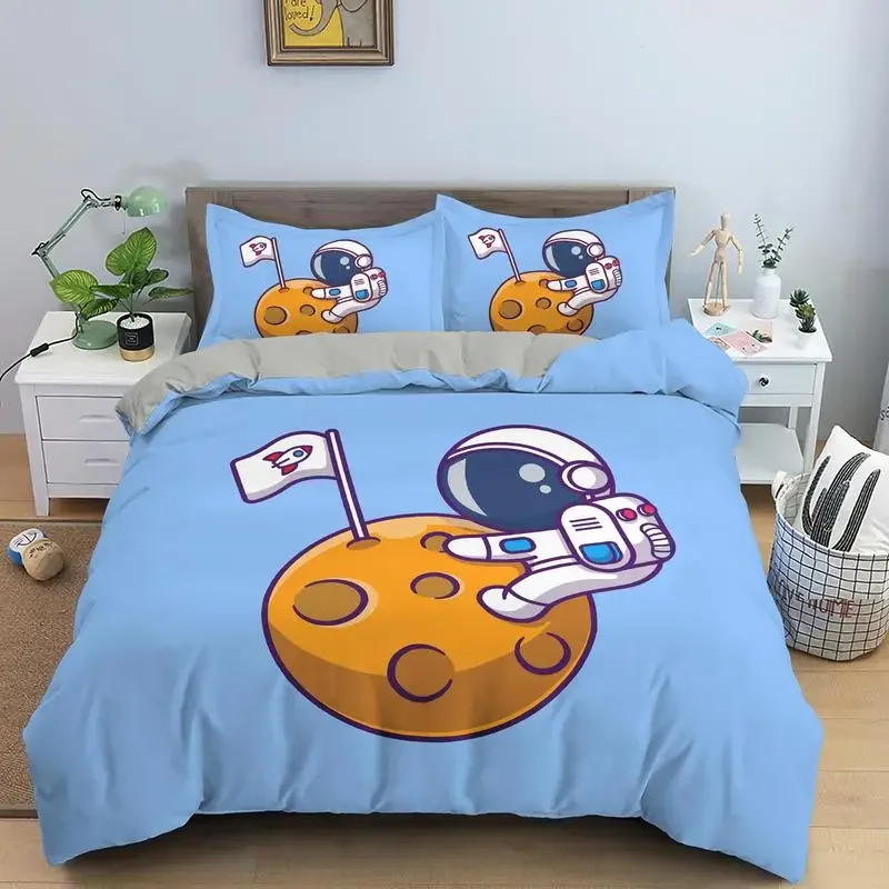 Cartoon Astronaut King Queen Duvet Cover Kawaii Spacecraft Bedding Set for Kids Outer Space Blue 2/3 Pcs Polyester Quilt Cover