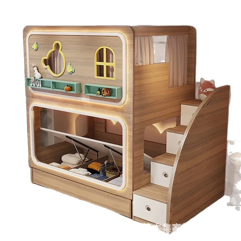 Log Color Children Bunk Bed Modern Simple Mother And Child Bed High Low Bed With Ladder Cabinet