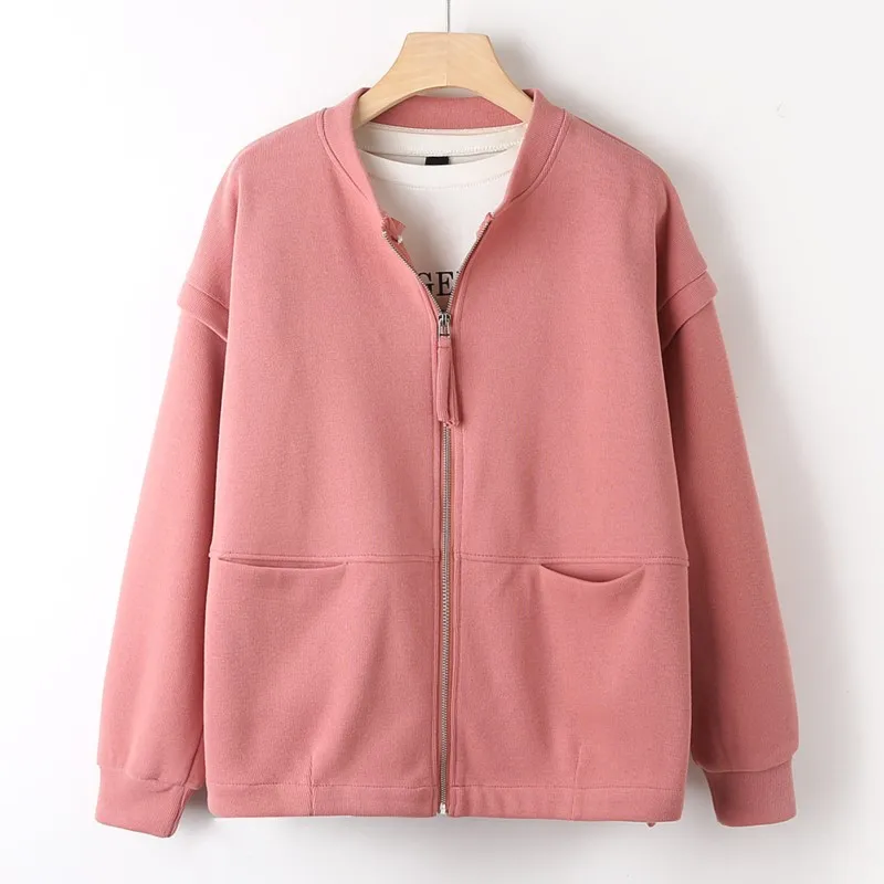 2023 Autumn Clothes Women Brass Zipper Jacket Plus Size Drop Shoulder Baseball Uniform Loose Casual Solid Color Outewear Curve