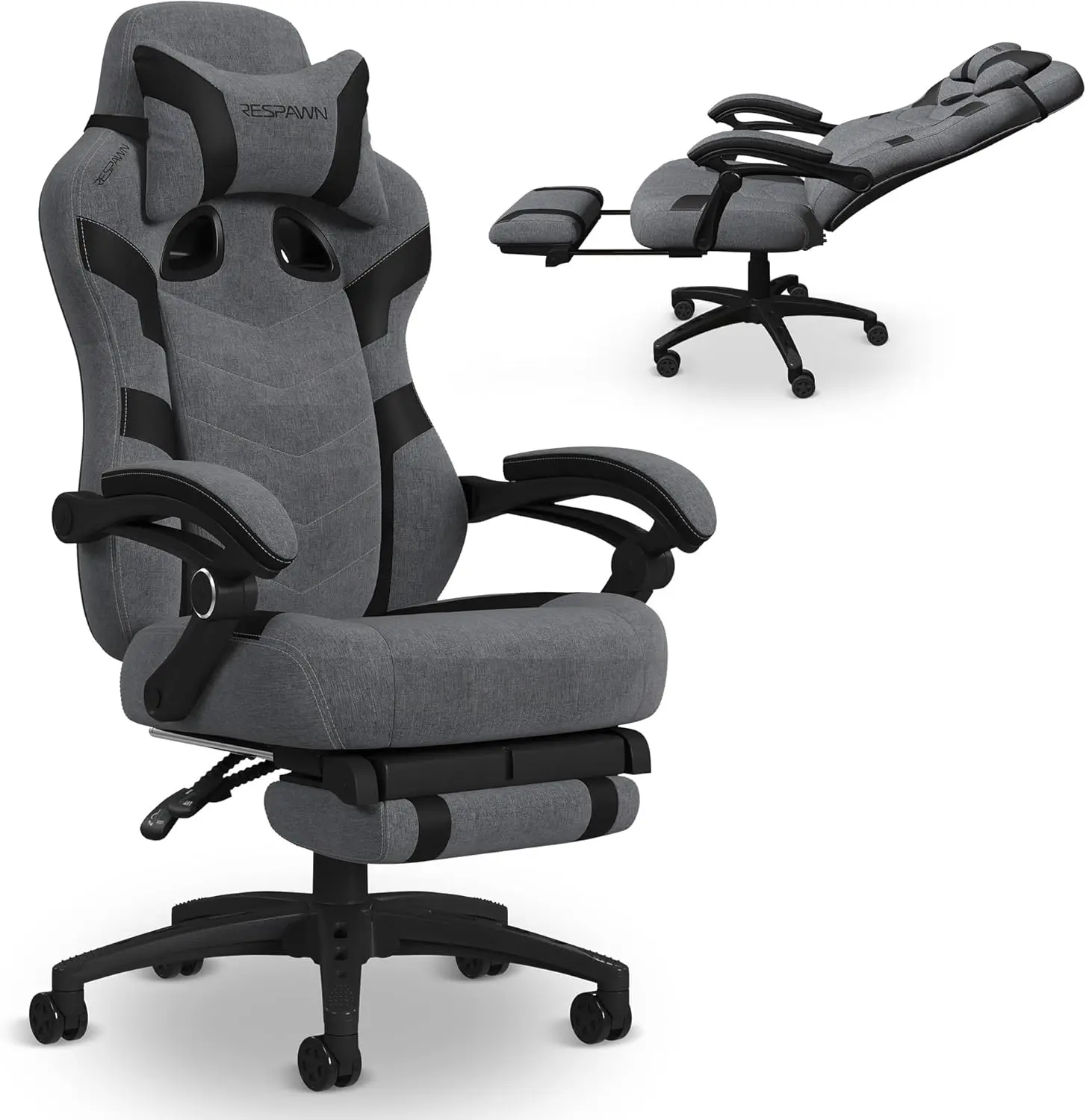 Ergonomic Gaming Chair with Footrest, Lumbar Support & Headrest - Gray Fabric for Office & Computer Gamers