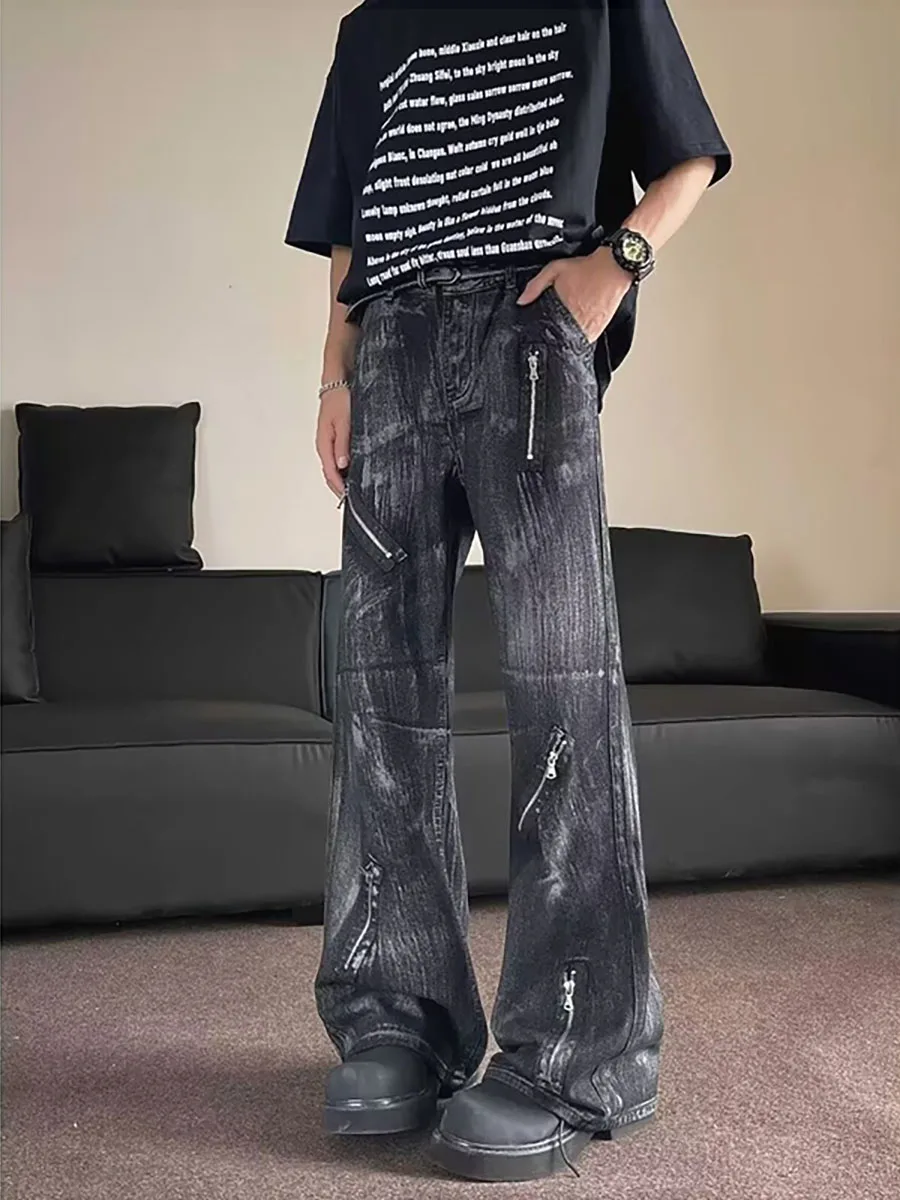 

Retro American High Street Men's Jeans Spring Summer New Design Waed Zipper Fading Painted Dyeing Loose Straight Tube Jeans