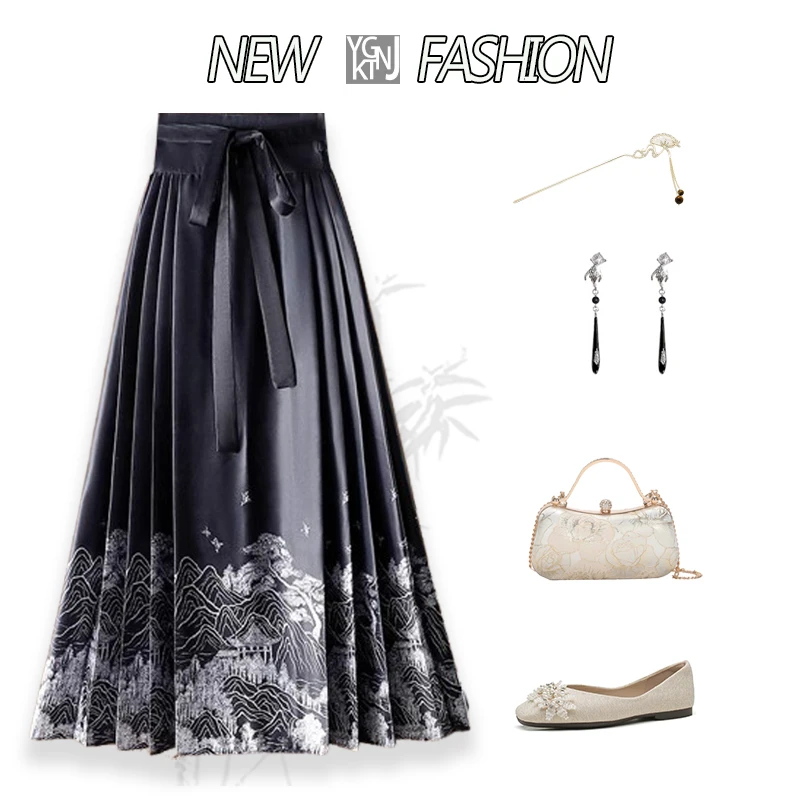 

New Chinese Sle f Skirt Conceal Hip Gored Skirt Slimming A-Line Hanfu Skirt Ele Faionable Polyester Fiber