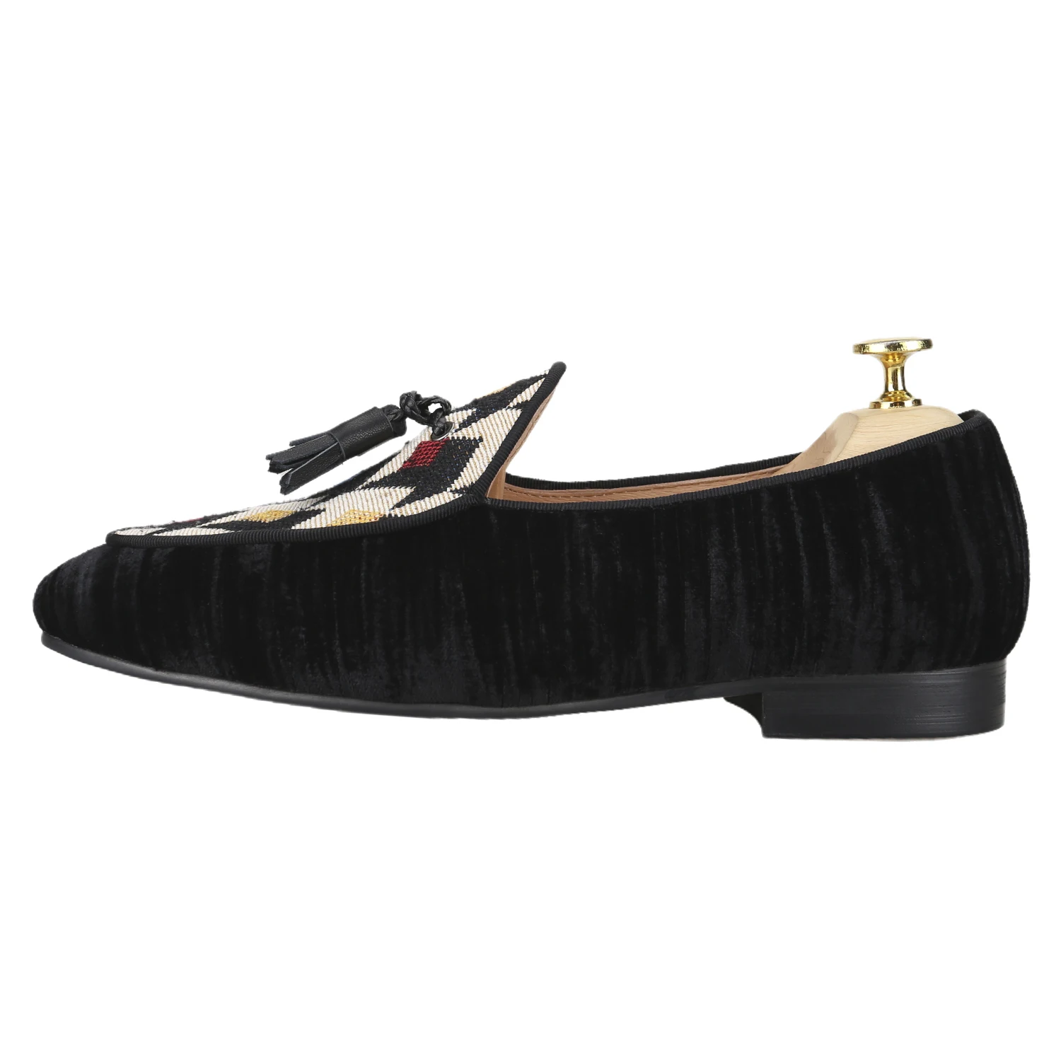Piergitar New Model Black Velvet Patchwork Tweed Men's Casual Shoes With Leather Tassels Handmade Slip-On Loafers Plus Size