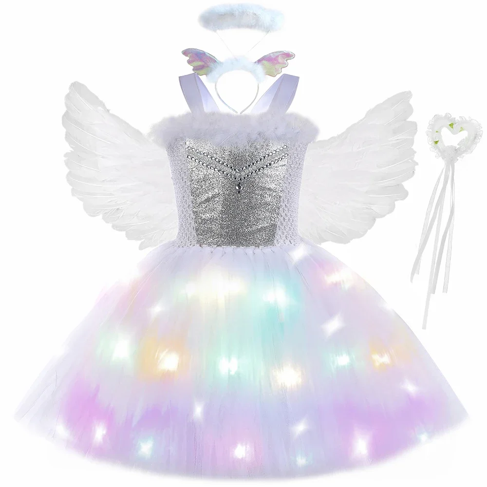 White Guardian Angel Costume for Girls LED Light Up Princess Tutu Dress with Halo Feathers Wing Kids Halloween Carnival Dress Up
