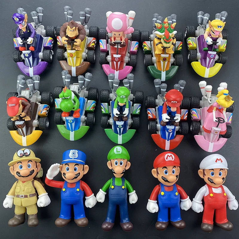 Super Mario Bros Karting Luigi Bowser Princess Peach Yoshi Toad Action Figure Toys Pull Back Car Anime Game Doll Gifts for Kids