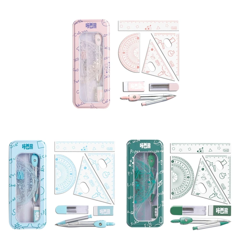 1 Set Math Geometry Kit with Rulers Protractor Compass Eraser Refills & Metal Box School Supplies for Drafting & Drawing