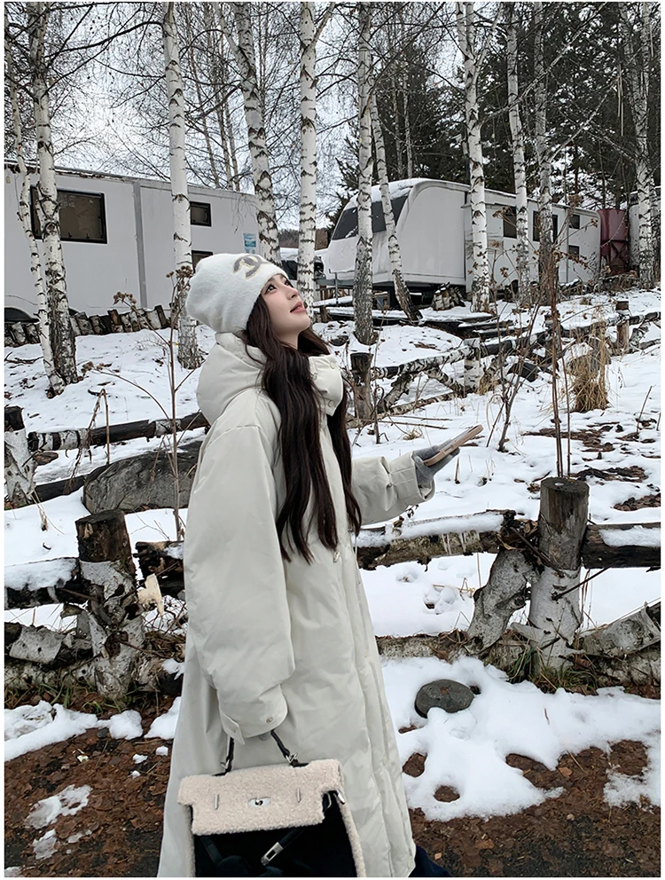 UMI MAO Winterjacke, neuer Windjacke-Stil, langer Stil, stimmungsvolle 90-weiße Entendaunenjacke für Damen