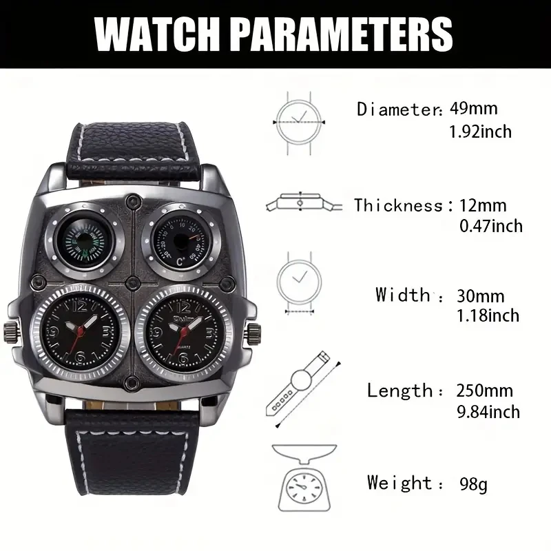 High-End Large Dial Men's Watch, Fashionable and Casual Dual Time Zone Design with Compass and Thermometer, Stylish and Versatile Quartz Watch, Perfect for Gift Giving